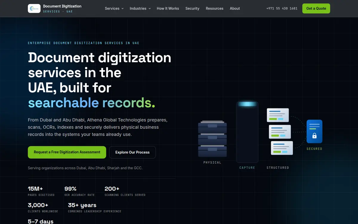 Dark blue document digitisation services homepage